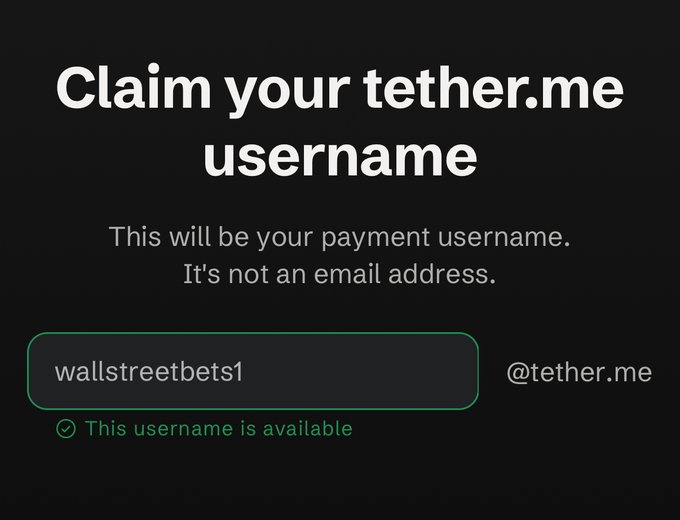 The image is of an email screen with a message from someone named "WallStreetBets1" who has claimed their tether name as being available. The email address displayed is "@tether.me", indicating that this message was sent by @tether.me and is related to the user claiming their name in the tether system.