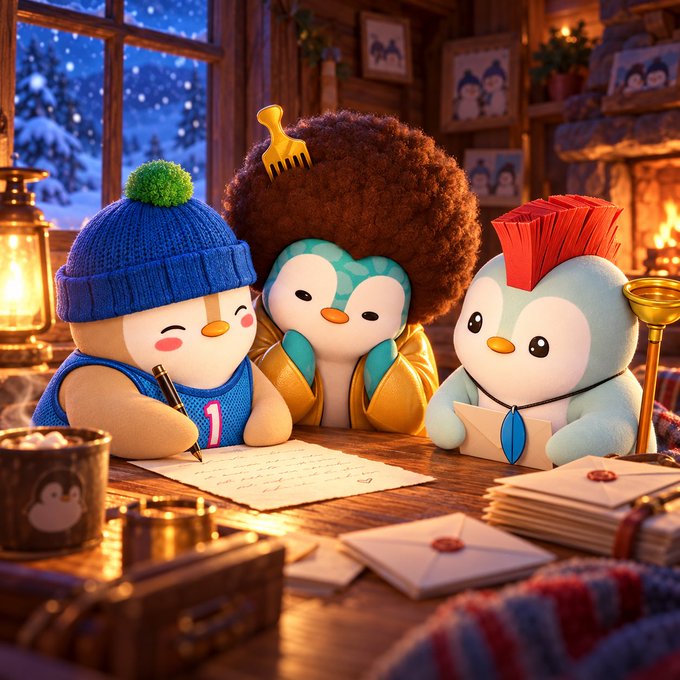 Three cute penguin-like plush characters sit together at a wooden table writing letters, one wearing a blue knit hat, one with an afro and a yellow comb, and one with a red feathered crest.