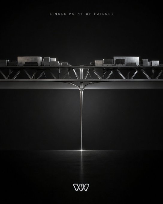 A dramatic conceptual image showing a city skyline balanced on a single thin pillar/bridge support with the text 'SINGLE POINT OF FAILURE' at the top, branded with a W logo.