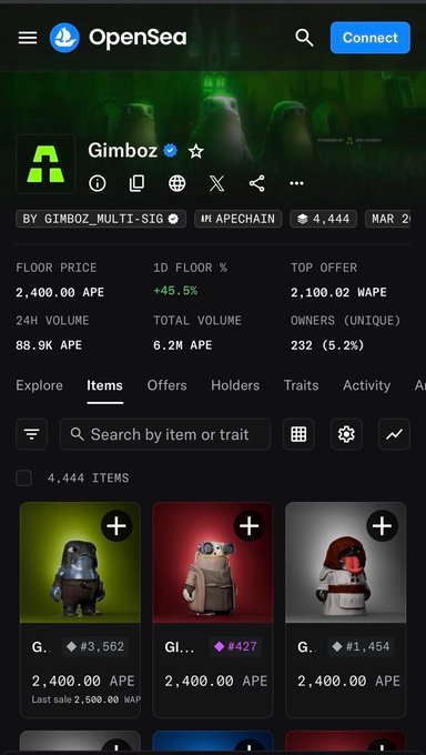 An OpenSea NFT marketplace page for a collection called 'Gimboz' on the APE chain, showing a floor price of 2,400.00 APE and displaying three ape character avatars.