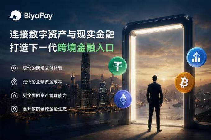 An advertisement for BiyaPay features Chinese text promoting the connection of digital assets and real-world finance, showcasing faster cross-border payments and lower global funding costs against a city skyline backdrop with Bitcoin, Ethereum, USDT, and BNB icons.