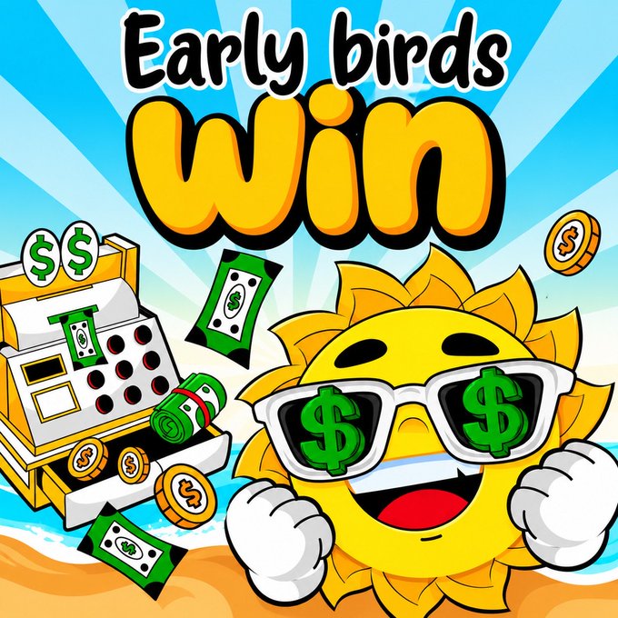 A cheerful sun character wearing "money" sunglasses stands on a beach next to a cash register overflowing with dollar bills and coins, beneath the bold text "Early birds Win"—visually reinforcing the post's pitch that getting in early on $SUMMER token holders will be rewarding before the hype fades.