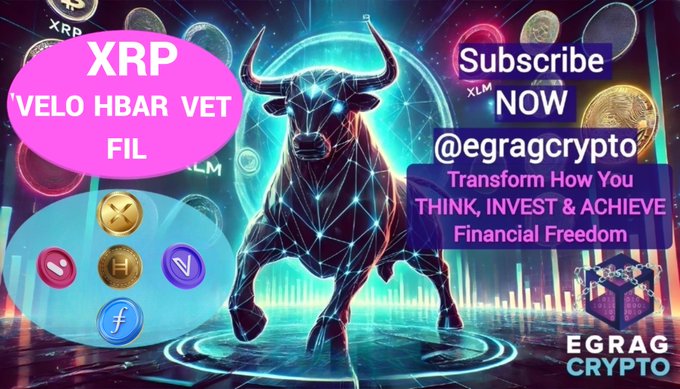 A neon crypto-themed graphic shows a wireframe bull surrounded by coin symbols and bar charts, with text reading “XRP VELO HBAR VET FIL,” “Subscribe NOW @egragcrypto,” and “Transform How You THINK, INVEST & ACHIEVE Financial Freedom,” plus an “EGRAG CRYPTO” gift-box logo. It serves as a promotional banner for EGRAG Crypto’s new posts and analysis on XRP, VELO, HBAR, VET, and FIL, including the stated XRP $1.33 retest and $1.30 sniper entry.
