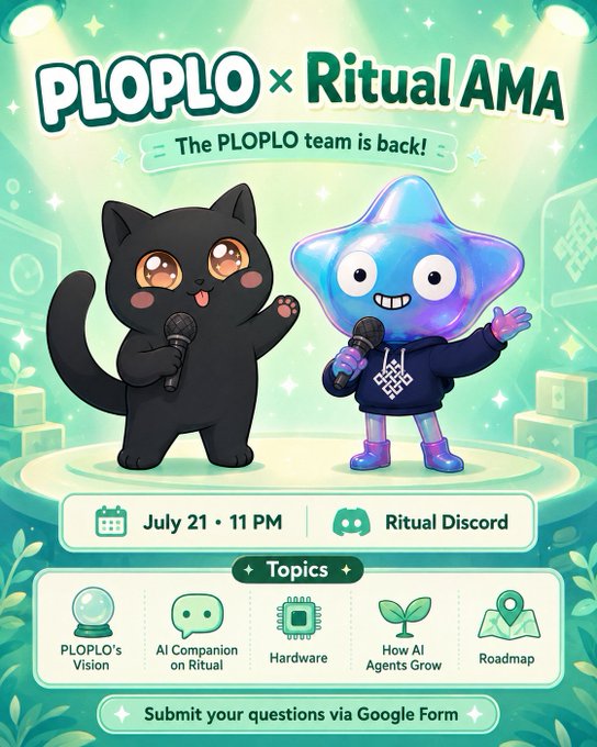 Promotional graphic for a PLOPLO × Ritual AMA scheduled for July 21 at 11 PM on Ritual Discord, featuring topics like PLOPLO's Vision, AI Companion on Ritual, Hardware, How AI Agents Grow, and Roadmap, with questions to be submitted via Google Form.