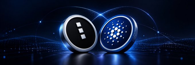 Two 3D-rendered cryptocurrency-style coins, one featuring the AAVE logo and the other displaying the Cardano (ADA) logo, sit against a dark blue digital background with glowing light streaks.