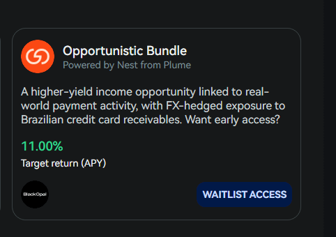 The image appears to be a screenshot of a black screen displaying information about a financial opportunity called "Opportunistic Bundle", which targets real-world payment activity with a focus on FX hedging exposure. The post discussing this opportunity also highlights the need for users to target a cash return (APY) in order to access a list or "waitlist" that provides further details about this specific opportunity. This indicates that the post is likely related to a trading platform within the Invest tab of a financial news website, as suggested by its context and content.