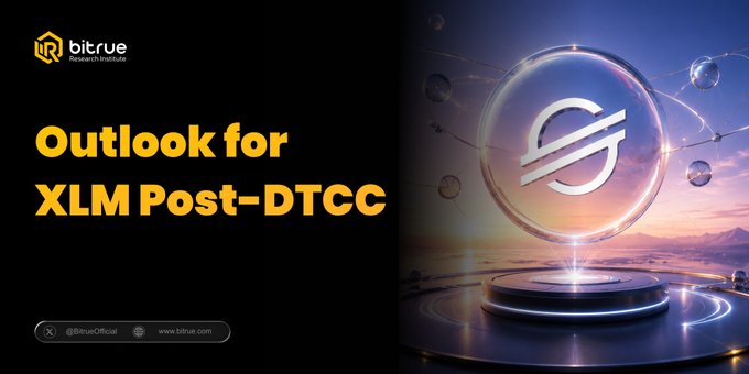 The image features a white and blue hexagon, possibly a symbol or logo related to the XLM Post-DTC tokens, positioned at the center of a black background. The text "Outlook for XLM Post-DTC" is displayed in yellow letters above the hexagon. Below this, there are details about how XTCTC works on the public blockchain, including information such as the DTCC-custumbered assets that can be included and the exchange listed at H1 2027 Marks. The image also highlights how it is related to Bitcoinue's Outlook for XLM Post-DTC.