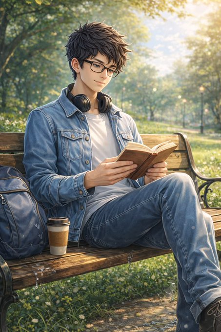 The image features a young man sitting on a bench with his eyes closed while reading an open book. He has headphones around his neck and a backpack next to him, suggesting that he might be taking a break from work or school. The scene is set in a park-like area where there are trees visible in the background.