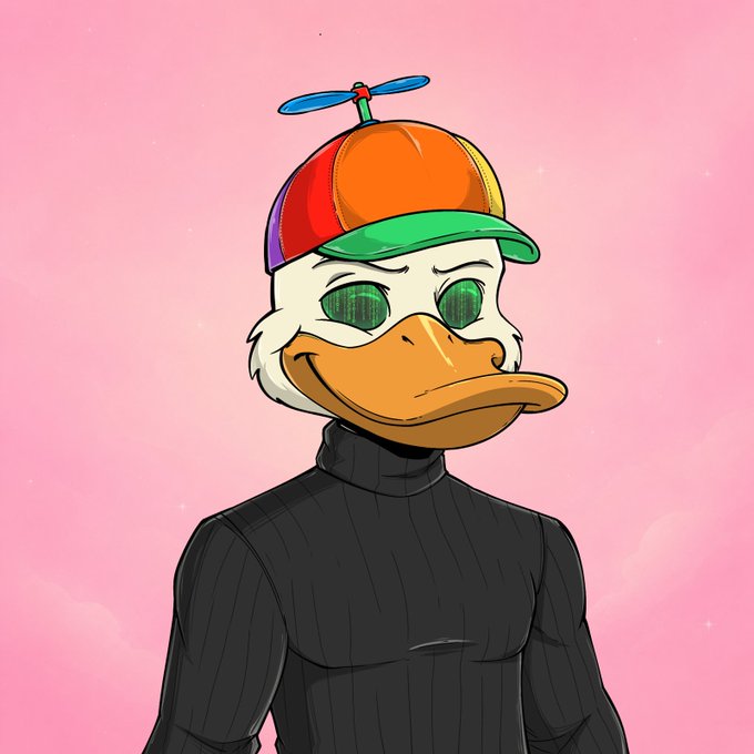 A digital illustration features an anthropomorphic duck character with a propeller beanie cap and a black turtleneck set against a pink background.