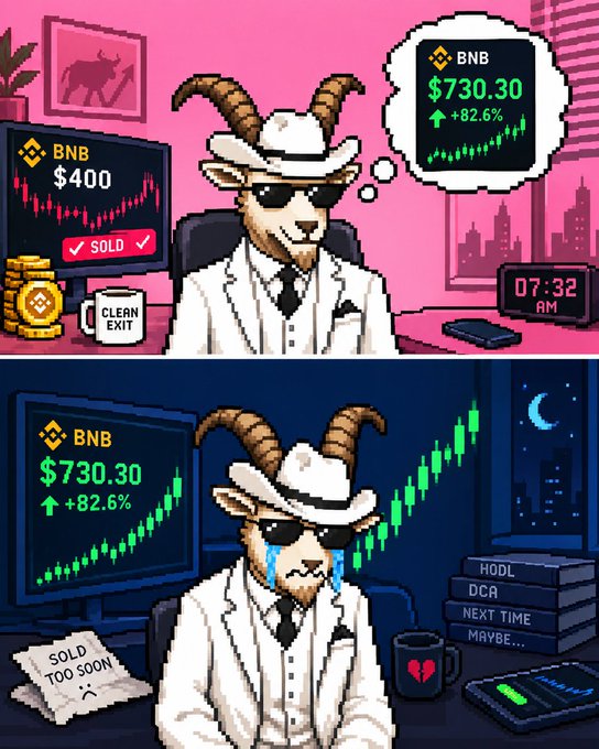 A two-panel meme featuring a goat in a white suit and sunglasses; the top panel shows it celebrating selling 'BNB' at $400, while the bottom panel shows it crying as the price rises to $730.30, with signs reading 'HODL DCA NEXT TIME MAYBE...' and 'SOLD TOO SOON'.