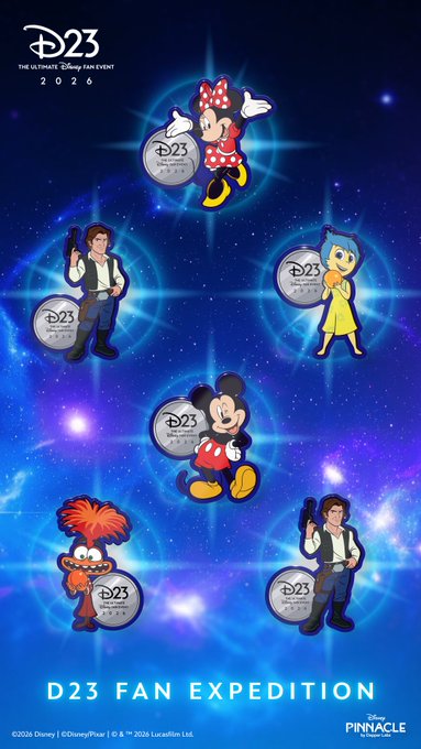 A promotional image showcasing D23 Fan Expedition Disney pins, featuring Minnie Mouse, Hans Solo, Joy from Inside Out, Mickey Mouse, the orange bandleader from "Mufasa: The Lion King," and another Hans Solo figure, all displayed against a cosmic blue starry background with Pinnacle branding at the bottom, tying into the post's excitement about Disney's NFT collecting platform ahead of the D23 event.