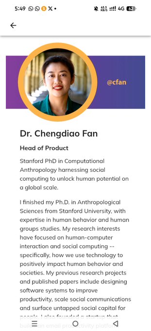 Screenshot of a mobile phone showing a profile page for Dr. Chengdiao Fan, Head of Product, featuring her photo, a Stanford PhD background in Computational Anthropology, and text about her expertise in human behavior and social computing. The profile is displayed alongside promotional text about Pi Wallet serving as a digital passport to the Pi Web3 ecosystem, suggesting a connection to the Pi Network project she leads.