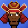 A pixel art icon of a brown character wearing a red and gold crown with red puffy shoulder pieces on a blue background.