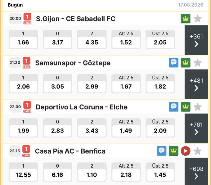 The image displays a sports betting interface showing live matches scheduled for 17.08.2026, including S.Gijón vs CE Sabadell FC, Samsunspor vs Göztepe, Deportivo La Coruña vs Elche, and Casa Pia AC vs Benfica, with odds for 1, X, 2, and Over/Under 2.5 outcomes. The +361, +481, +761, and +698 numbers shown alongside each match represent the betting combinations (likely referring to cumulative odds or potential returns), which aligns with the user's post about their betting journey and the high-return (+500+) combinations they pursue to pay off debts and bills.