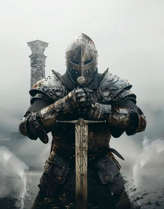 A medieval knight in full, weathered metal plate armor stands holding a large sword vertically in front of a foggy, atmospheric background.