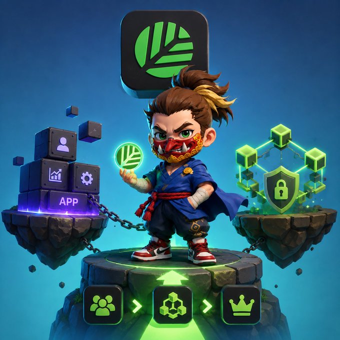 A stylized warrior character stands on a floating platform holding a glowing green leaf token, surrounded by app icons labeled "APP" on one side and a security-themed blockchain structure with a padlock on the other, visually representing how CNPYNetwork's app-chain solution helps apps maintain their own infrastructure and sovereignty rather than depending on external chains. The progression of icons at the bottom (users → network → crown) illustrates the journey from gaining traction to achieving on-chain independence.