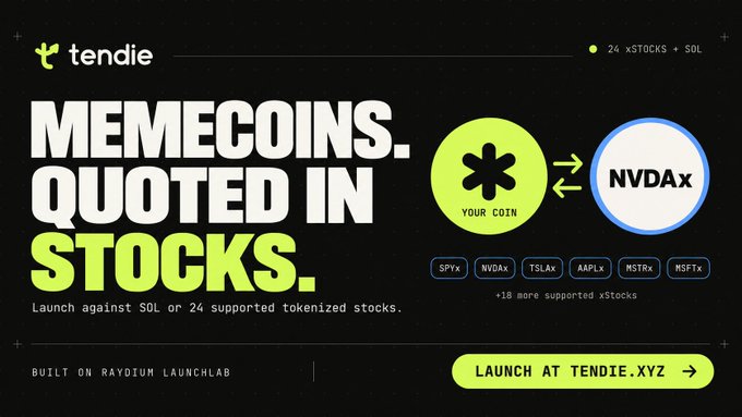 The promotional image for Tendie features bold text "MEMECOINS. QUOTED IN STOCKS." alongside graphics showing a meme coin exchanging with "NVDAx" (tokenized Nvidia stock), highlighting tickers like SPYx, NVDAx, TSLAx, AAPLx, MSTRx, and MSFTx, with a call-to-action button reading "LAUNCH AT TENDIE.XYZ." It directly ties to the giveaway post by showcasing Tendie's unique concept of launching memecoins backed by tokenized stocks, inviting users to explore the newly launched platform.