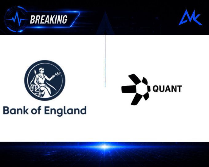 A breaking news graphic displays the logos of the Bank of England and Quant (formerly Quant Network), separated by a vertical line under a 'BREAKING' banner.