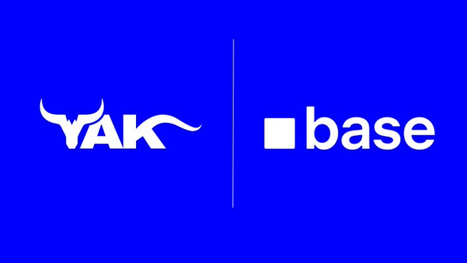 The image displays the YAK logo alongside the Base logo on a vibrant blue background, separated by a thin white vertical line. It visually represents the partnership announcement of yiUSD, a new USDC vault launching on Base that integrates with multiple DeFi platforms including Aave, Morpho, Spark, Fluid, and Aerodrome to optimize yield deposits.