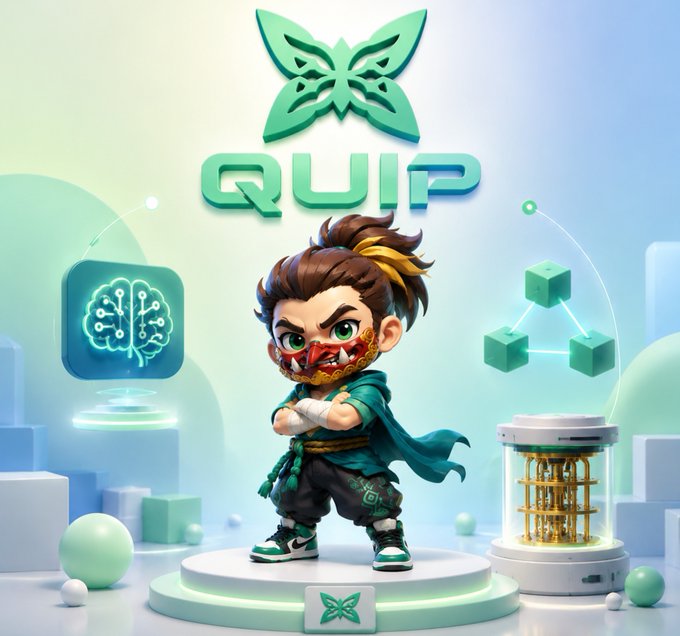 A 3D animated character wearing a dragon mask stands under the 'QUIP' logo with a butterfly emblem, flanked by a brain icon and connected cubes.