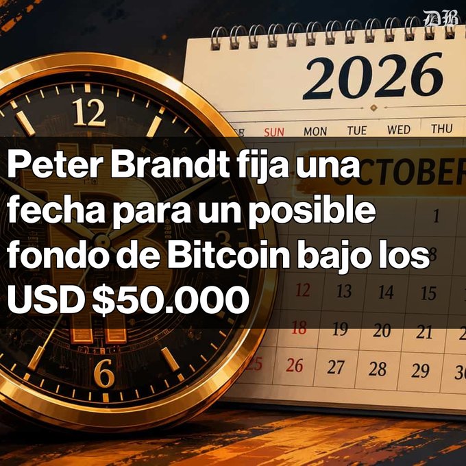 A graphic with a gold clock and 2026 calendar reads 'Peter Brandt fija una fecha para un posible fondo de Bitcoin bajo los USD $50.000'.