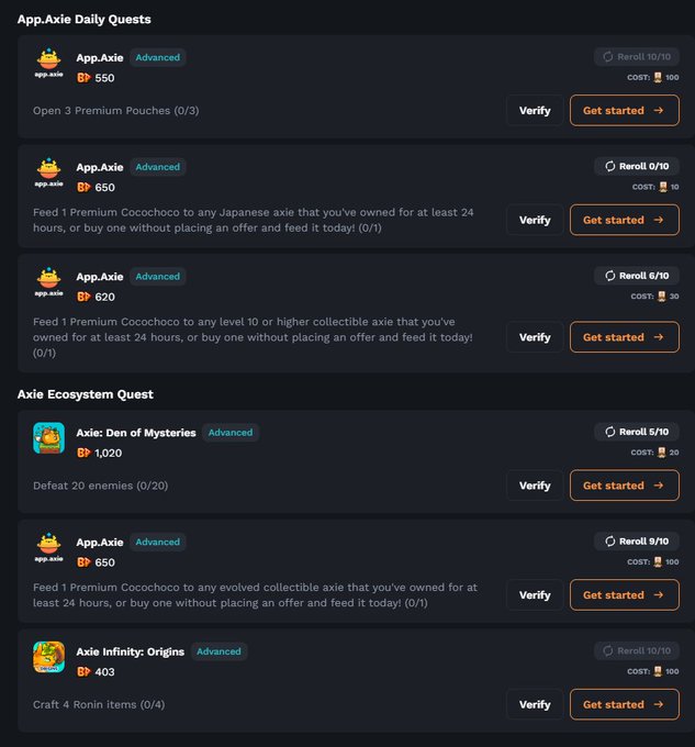 A screenshot of 'App.Axie Daily Quests' and 'Axie Ecosystem Quest' from a gaming platform, listing various advanced quests with BP rewards, including tasks like opening Premium Pouches, feeding Cocochoco, and defeating enemies.