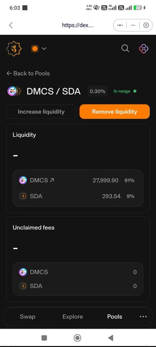 The image shows a DEX liquidity pool page for the DMCS/SDA pair, displaying 27,999.90 DMCS (91%) and 293.54 SDA (9%) with a 0.30% fee, directly supporting the post's message about investors adding liquidity to the Sidra-approved DMCS digital marketing project.