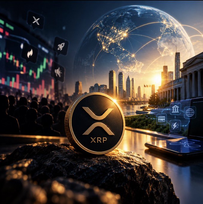 A digital illustration featuring a gold and black XRP cryptocurrency coin in the foreground with a globe, city skyline, and trading chart in the background.