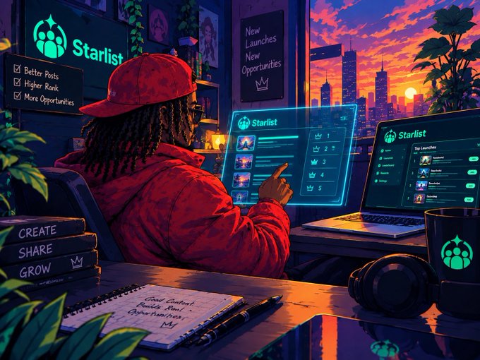 A stylized digital illustration of a person in a red cap and hoodie interacting with a holographic "Starlist" interface, with a notebook reading "CREATE SHARE GROW" and a city skyline at sunset in the background.