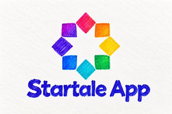 A logo for 'Startale App' features colorful crayon-style squares (purple, pink, orange, yellow, green, blue) arranged in a circular pattern above blue text on a white textured background.