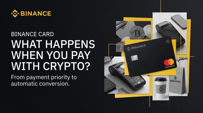A Binance promotional graphic featuring a black Binance Mastercard credit card alongside POS terminals and a coffee cup, with text reading 'BINANCE CARD: WHAT HAPPENS WHEN YOU PAY WITH CRYPTO? From payment priority to automatic conversion.'