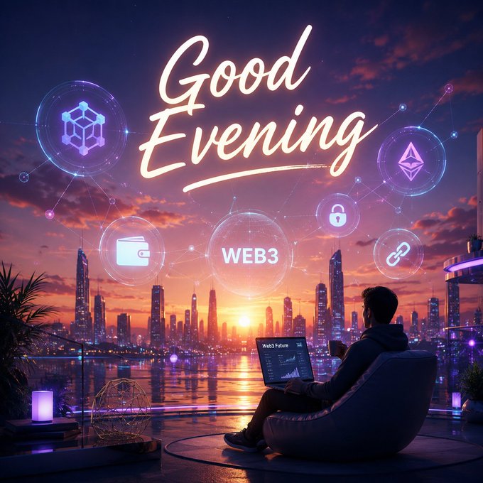 A digital illustration of a person using a laptop showing 'Web3 Future' against a sunset cityscape, with floating icons for crypto, NFTs, wallets, and 'Good Evening' greeting.