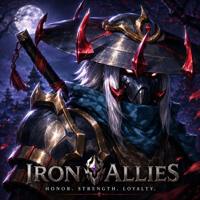 A dramatic fantasy illustration for 'IRON ALLIES' with the tagline 'HONOR. STRENGTH. LOYALTY.', depicting an armored warrior with a red-bladed helmet, glowing red eyes, and a sword.