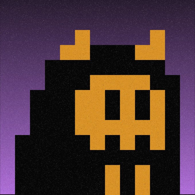 A pixel art illustration of a black and yellow alien-like character against a purple background.