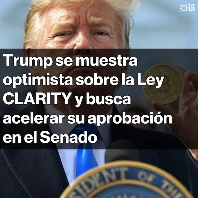 A news thumbnail featuring Donald Trump holding a coin, with Spanish text overlay: 'Trump se muestra optimista sobre la Ley CLARITY y busca acelerar su aprobación en el Senado' and a 'WSJ' logo.