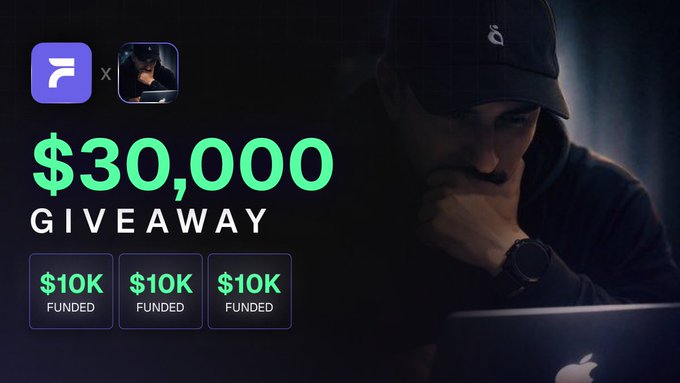 A promotional graphic for a '$30,000 GIVEAWAY' collaboration with a man in a dark cap at a laptop in the background, showing three funded $10K prizes.
