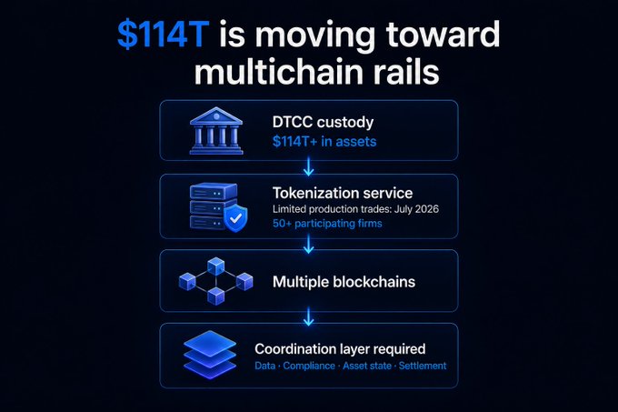 An infographic on a dark background stating '$114T is moving toward multichain rails,' illustrating a flow from DTCC custody through a tokenization service to multiple blockchains and a coordination layer.