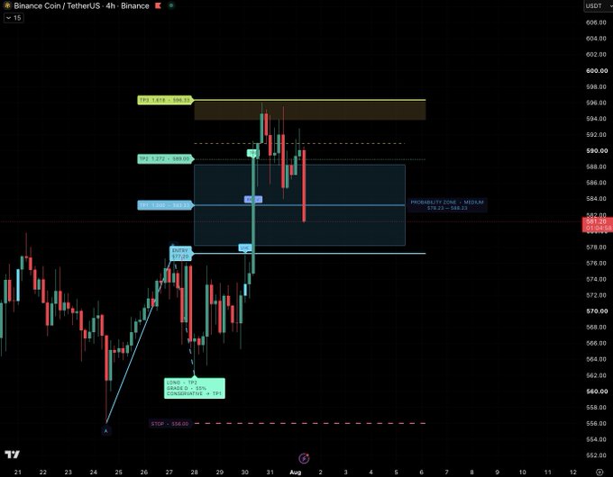 A Binance Coin (BNBUSDT) 4-hour chart displays a long trade setup with entries and profit targets marked, showing the price successfully hitting TP1 at 583.23, TP2 at 589.00, and TP3 at 596.33 before pulling back from the golden zone, perfectly illustrating the "Pure Perfection" setup described in the post.