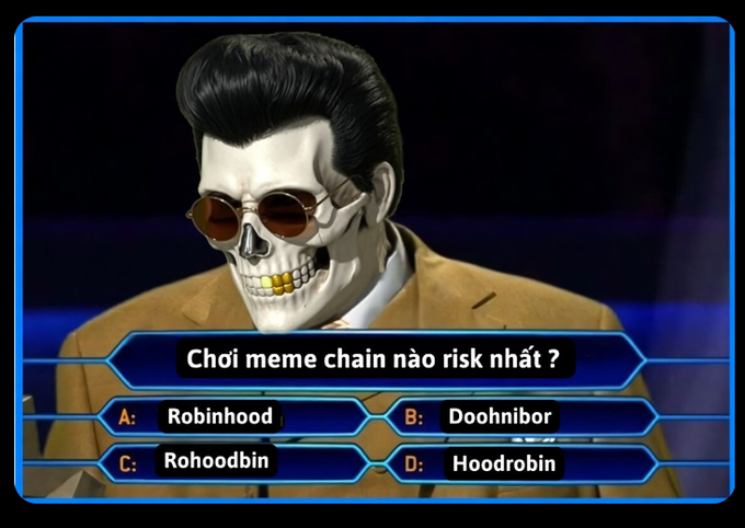 The image shows a quiz-style meme featuring a skeleton character in sunglasses and a suit, asking "Chơi meme chain nào risk nhất?" (Which meme chain is the riskiest to play?) with four options: A: Robinhood, B: Doohnibor, C: Rohoodbin, D: Hoodrobin. This humorously highlights the speculative risk of Robinhood's new memecoin launch compared to the established Solana ecosystem.