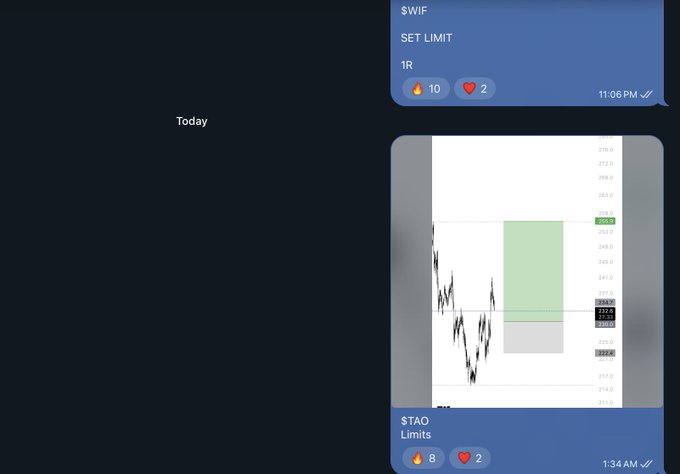 A dark-mode messaging app shows a "Today" section with a price chart for $TAO displaying a green highlighted range around the 253.8–227.0 price area, alongside a $WIF message showing "SET LIMIT 1R" with 10 fire and 2 heart reactions at 11:06 PM, while the $TAO chart post has 8 fire and 2 heart reactions at 1:34 AM.
