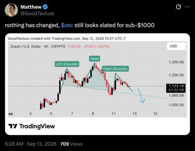 A tweet from Matthew (@GoodTexture) reading 'nothing has changed, $zec still looks slated for sub-$1000' with a TradingView chart of Zcash/USD showing a head and shoulders pattern pointing toward $1,000.