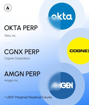 This promotional image showcases three new perpetual futures listings—OKTA, CGNX, and AMGN—with their respective logos alongside a "20" badge and a fire icon, accompanied by the text "OKTA PERP Okta, Inc.," "CGNX PERP Cognex Corporation," "AMGN PERP Amgen Inc.," and "+ USDT-Margined Perpetual Futures" at the bottom.