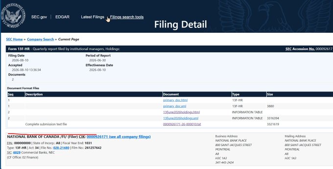 An SEC EDGAR filing detail page showing Form 13F-HR filed by NATIONAL BANK OF CANADA /TU/ (CIK 0000092617) on August 10, 2026, covering holdings as of June 30, 2026. The image relates to the post by displaying the regulatory 13F filing referenced as evidence of the bank's disclosed Bitwise XRP ETF holdings.