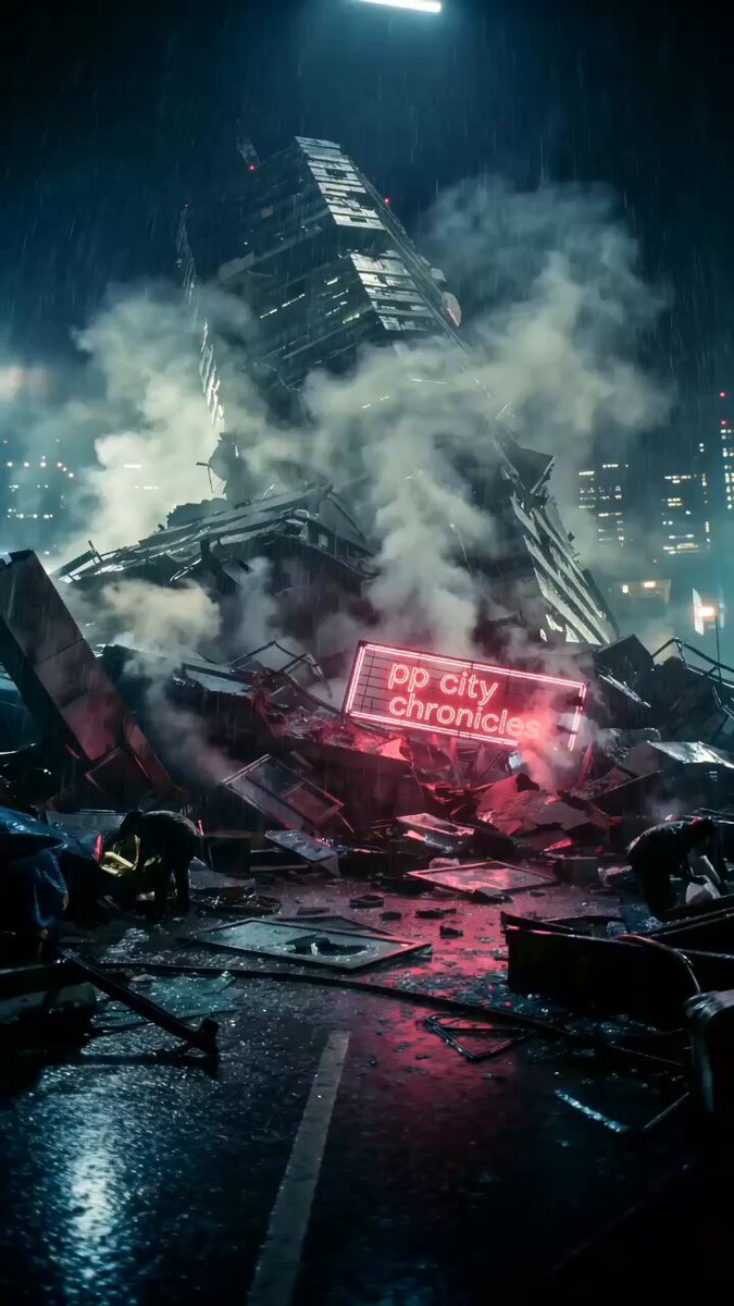 The image shows a city scene with a neon sign that reads "PP City Chronicles". The neon sign is surrounded by debris, including a large building that has collapsed onto itself. The surrounding area appears to be a construction site or an abandoned building. The focus of the image seems to be on the neon sign and its surroundings, as if it's been waiting for two years for the development of RGB technology.