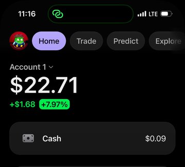A Robinhood app screenshot showing Account 1 with a balance of $22.71, a gain of +$1.68 (+7.97%), and a Cash balance of $0.09.