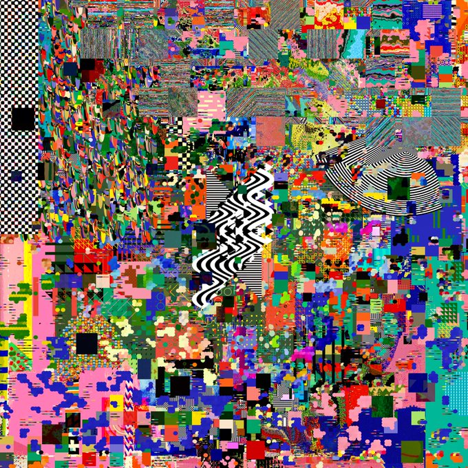 A chaotic, glitch-art style digital image filled with a dense mosaic of pixelated color blocks, distorted patterns, optical illusions, and psychedelic shapes in vivid pinks, blues, greens, yellows, and black-and-white waves.