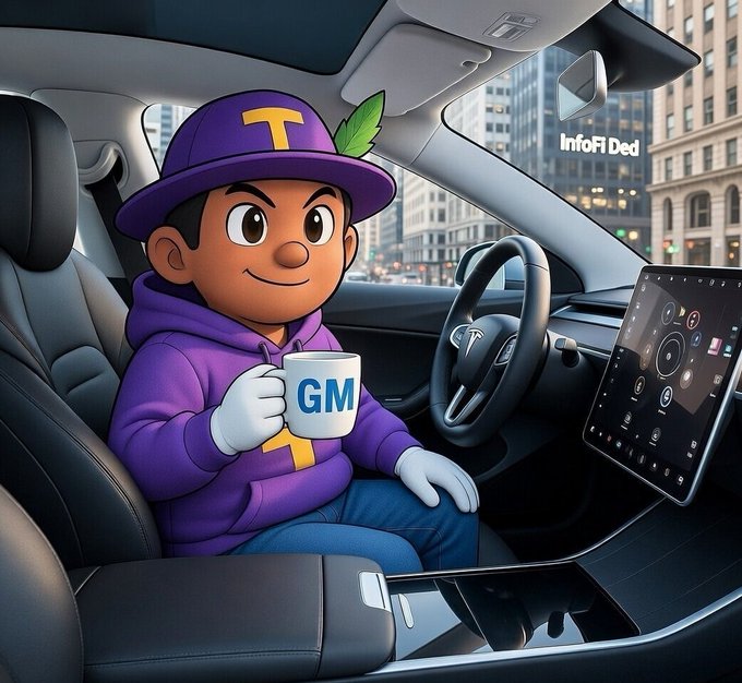 A cartoon character wearing a purple T-shirt and hat holding a coffee cup is sitting inside an electric car, positioned behind a dashboard with a touch screen display visible at the rear view mirror. A line of buildings can be seen outside the vehicle's window, which has a cityscape in the background. The image caption suggests that there might be something interesting or valuable about the electric car's software and that it is open to the public now for everyone to experience and utilize its benefits.