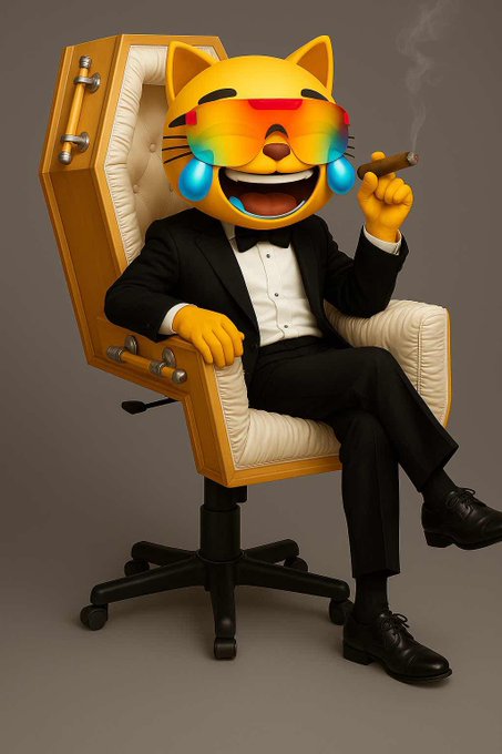 A 3D-rendered anthropomorphic yellow cat character wearing a tuxedo and rainbow sunglasses sits in a coffin-shaped office chair while smoking a cigar.