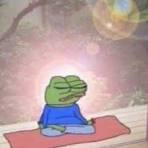 A Pepe the Frog meme sits serenely on a red yoga mat in deep meditation, surrounded by glowing aura and ethereal light beams, embodying the post's theme of patient, zen-like crypto investing and manifesting gains through discipline despite market downturns.
