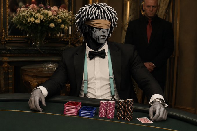 A surreal scene depicts a gray-skinned figure with dreadlocks wearing a tuxedo and blindfold sitting at a green poker table with stacks of chips, while a man in a suit stands behind him.
